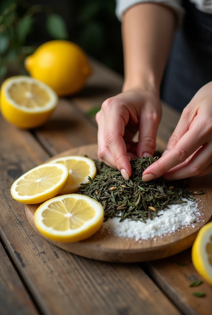 A close-up of female hands placing raw tea leaves, lemons, and sugar on a counter.