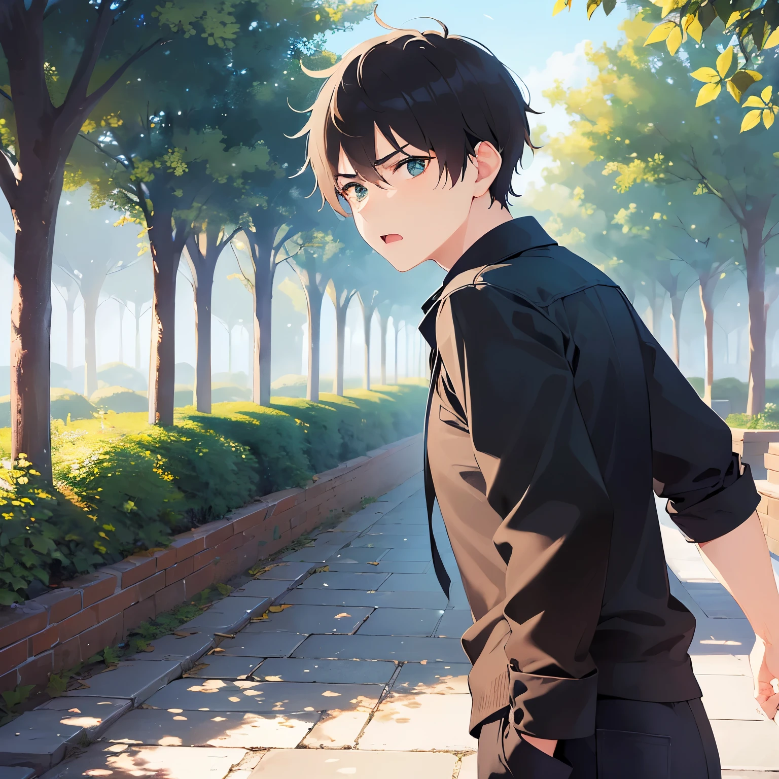 (looking away:1.5),upper body、Side shot、outstretched arm,
shiny skin, masterpiece、Highest quality、
(25-year-old male:1.5) and (Brown short hair) and (Green Eyes), 
(black collared shirt:1.5) ,
furrowed brow、(angry:1.2)、open mouth,park,(alone:1.5)
