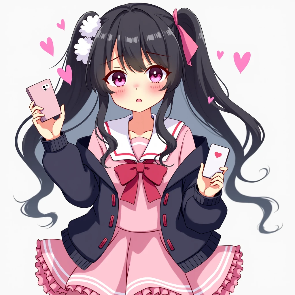 One person, Black Hair,Pink inner color,Half Twin Tail, bangs,Pink Eyes, Droopy eyes,Hearts in eyes, White fluffy hair accessory,Pink hair ribbon, An illustration,skirt,Frills,Mine system,smartphone,Pink Sailor Suit,Dark cardigan,Drooping eyes,Confused eyes,Worried brow,Yandere,Simple background,smartphone,delivery,Illness,high school student,重めパッツンbangs,Half Twin Tail