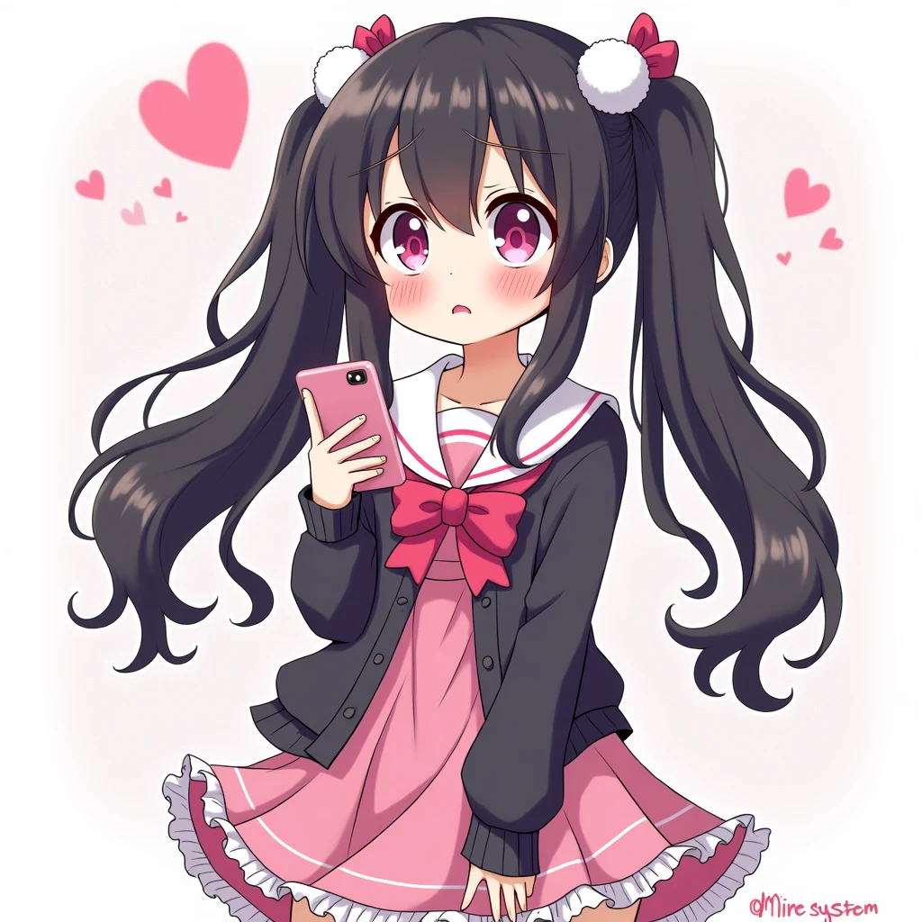 One person, Black Hair,Pink inner color,Half Twin Tail, bangs,Pink Eyes, Droopy eyes,Hearts in eyes, White fluffy hair accessory,Pink hair ribbon, An illustration,skirt,Frills,Mine system,smartphone,Pink Sailor Suit,Dark cardigan,Drooping eyes,Confused eyes,Worried brow,Yandere,Simple background,smartphone,delivery,Illness,high school student,重めパッツンbangs,Half Twin Tail