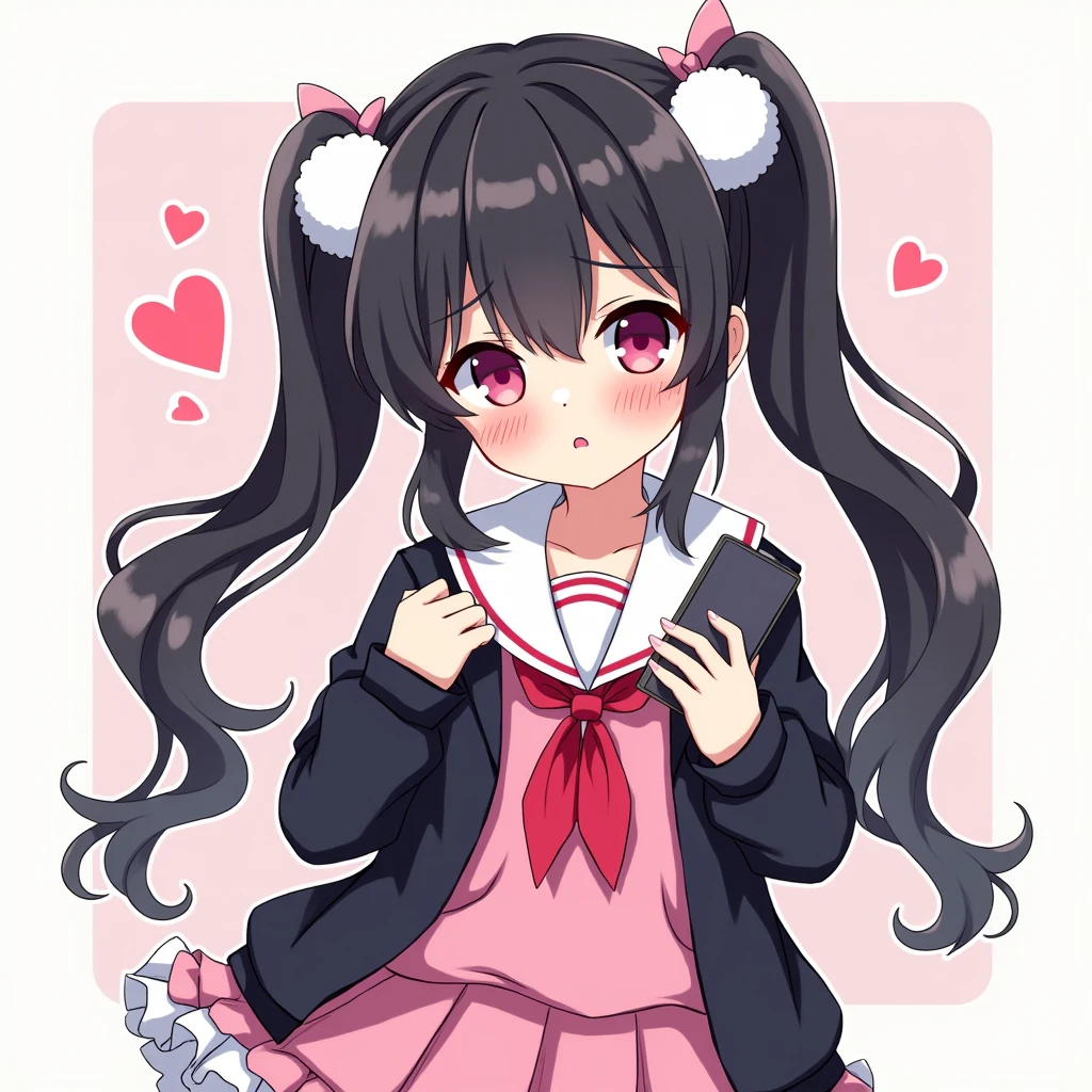 One person, Black Hair,Pink inner color,Half Twin Tail, bangs,Pink Eyes, Droopy eyes,Hearts in eyes, White fluffy hair accessory,Pink hair ribbon, An illustration,skirt,Frills,Mine system,smartphone,Pink Sailor Suit,Dark cardigan,Drooping eyes,Confused eyes,Worried brow,Yandere,Simple background,smartphone,delivery,Illness,high school student,重めパッツンbangs,Half Twin Tail
