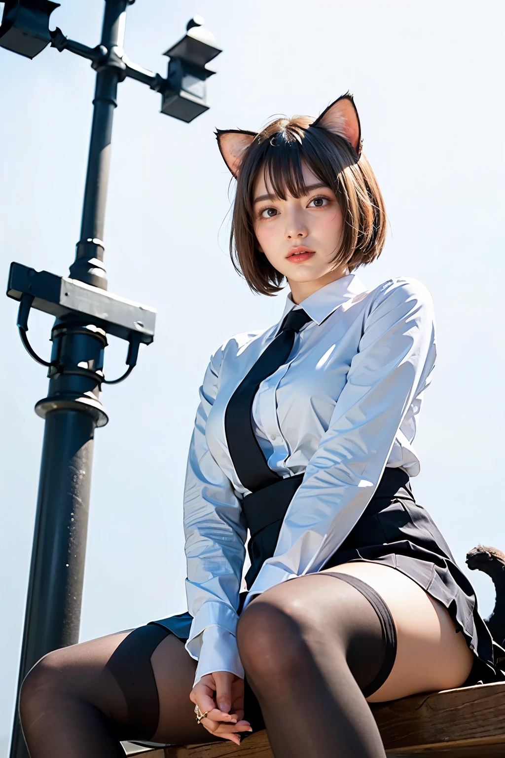 Masterpiece, bokeh, (Beautiful face), (Detailed face), (Japanese idle), ( buisiness suit:1.3), (mini skirt), ()(Blushed face:1.3), (Plump breast:1.2), (Sitting in crossroad:1.5), (Cat ears:1.3),(pantyhouse:1.3), (From below:1.5)