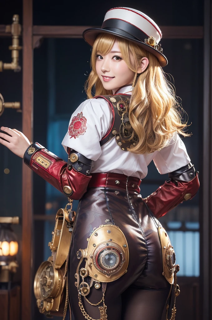 Woman portrait、Highest quality、Rear view、8k,Detailed face, clear, Fine skin、Clear, beautiful eyes、whole body、whole body、Curly Hair、My hair was messed up by the wind、The beauty of a smile、(tall),(Hip_superior, Hip superior), Mature Woman,( Watching the audience),Realistic, High resolution, Soft Light,1 female, alone, Hipアップ, Glowing Skin, (Detailed face), Sexy smile, Perfect Style, Perfect balance,(blonde hair),semi-long,Naughty look,((Steampunk hats、Steampunk gorgeous hanbok,gyaru、Hibiscus print)), (Red and white mechs, High-tech Mecha,Beautiful steampunk cyborg woman,Steampunk Mecha Cyborg Girl,Blue steampunk light red and white hanbok,gyaru、Geometric pattern,silver dress shirt,High leg,Steampunk bodystocking,Gorgeous decorated gold belt,Steampunk bodystocking,elbow gloves),((arms behind back)),(bokeh),(studio lighting)