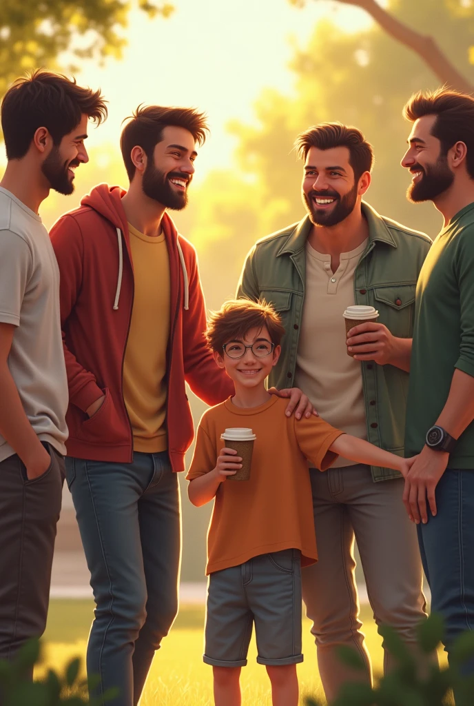 create an image of male friend group with age difference. include a teen, a , an adult, a guy in 30s and a guy in 40s