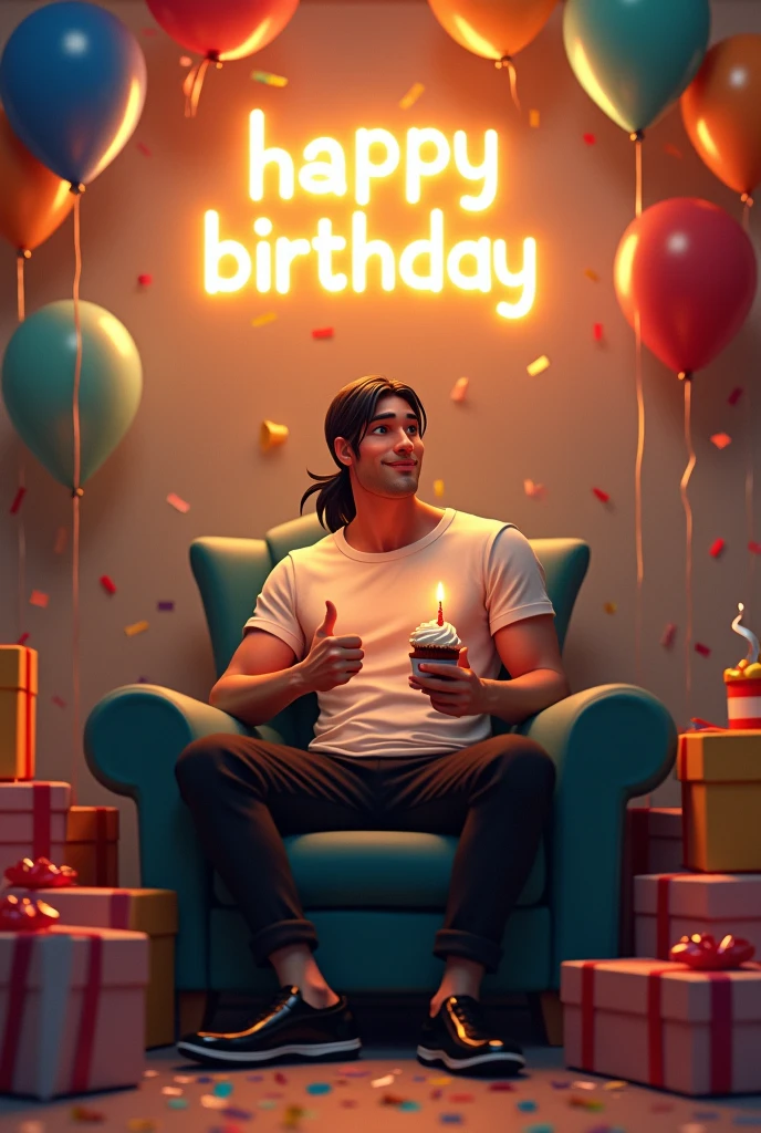 Realistic image of a birthday . There are balloons of various colors floating and stuck to the walls, as well as streamers and confetti scattered on the floor. A lighted sign with the letters "HAPPY BIRTHDAY JOHNNY HARO" hangs on the wall. In the center of the room is an armchair with an adult Caucasian man with long black hair in a low ponytail, a white t shirt and black pants, polished black shoes, a large nose, holding a cup cake with a lit candle in one hand and giving a thumbs up with the other. The man is surrounded by gift boxes..