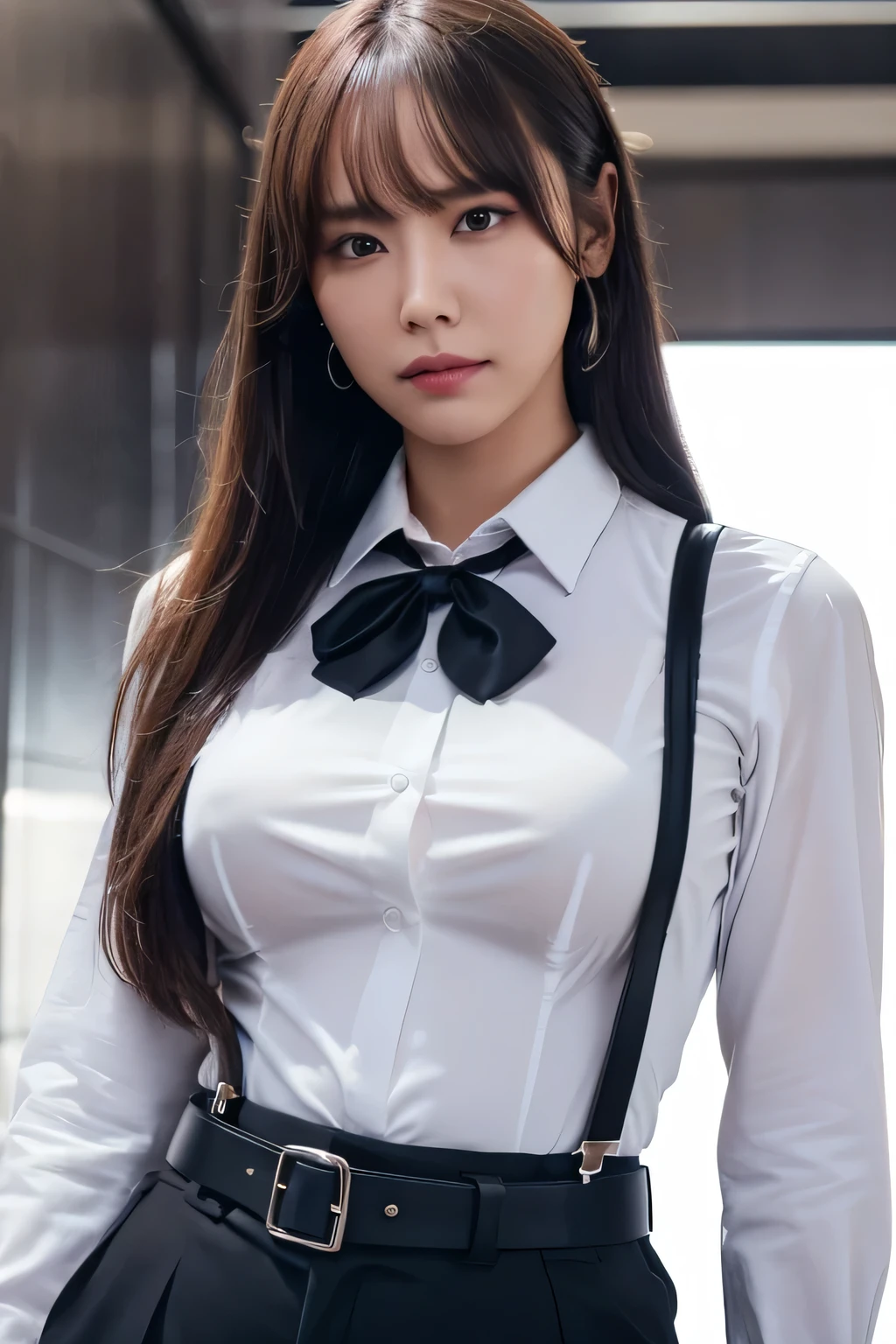 a woman in a suit, belt, hands behind back, sweating, suspenders, black pants, sexly, large breasts, see-through clothing, rain, detective, office worker, white button-up shirt, (best quality,4K,8k,highres,masterpiece:1.2),ultra-detailed,(realistic,photorealistic,photo-realistic:1.37),hyper-detailed,highly detailed face and body, Slender thin suspenders Moderate breasts See-through shirt Nipples holster chain Pistol Armament criminal Female criminal knife