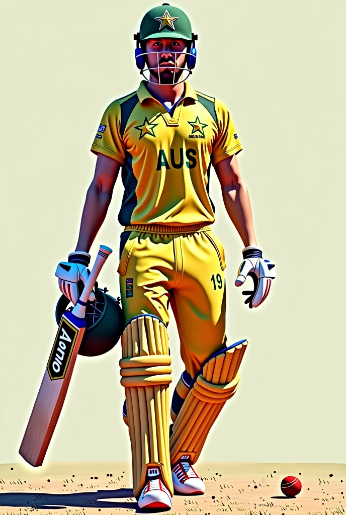 Give me a jersey number of 19，Cricket player with AUS on his jersey, 30 degree front view, The other hand holds a cricket bat drop shadow, anaglyph, stereogram, tachi-e, ass pov, atmospheric perspective, 8k, super detail, best quality