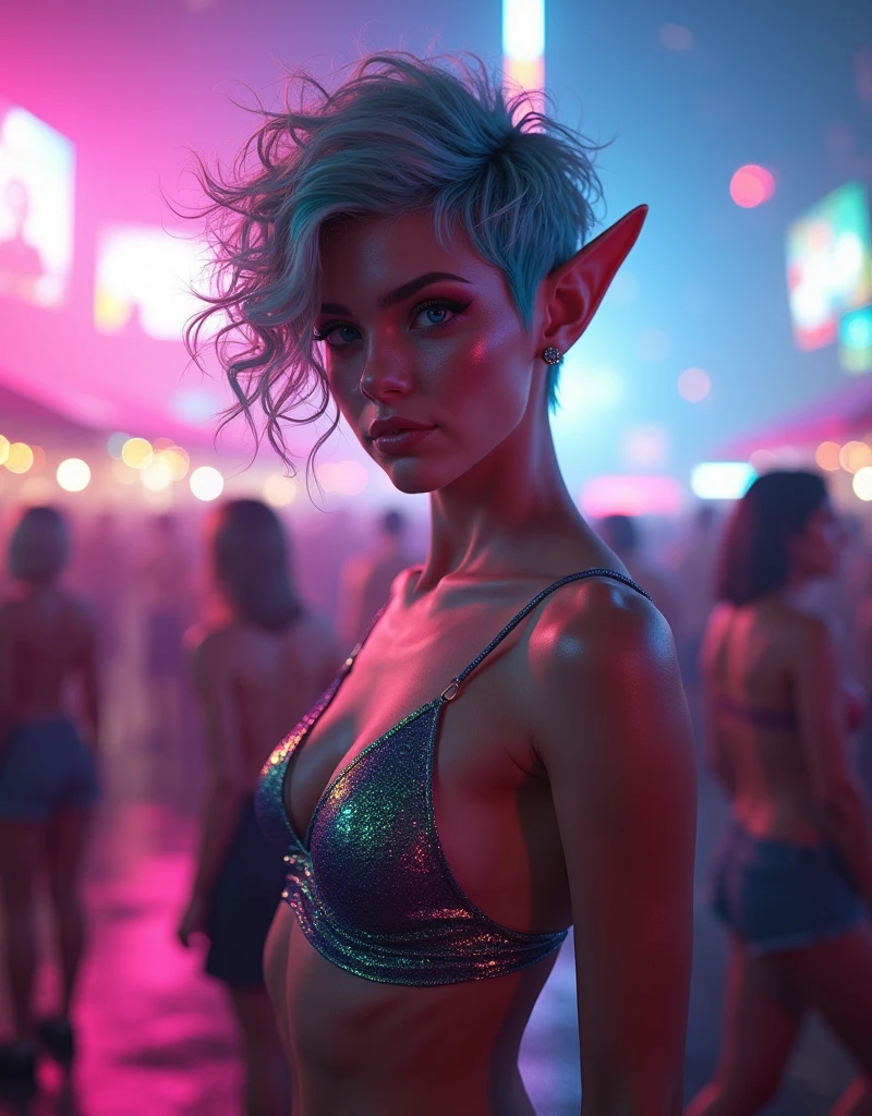 beautiful elf woman with short curly pastel rainbow Pixie haircut at a rave festival, backlit bright fluorescent neon colors, full body pinup, Unreal Engine