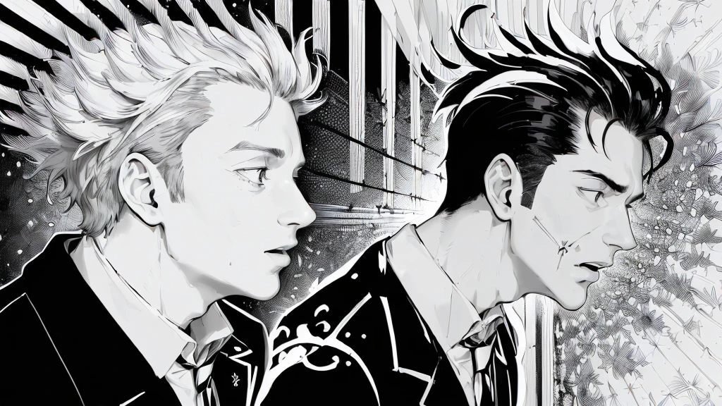 (((Black and white illustration with converging lines)))、(((Young handsome man with surprised face))),profile、