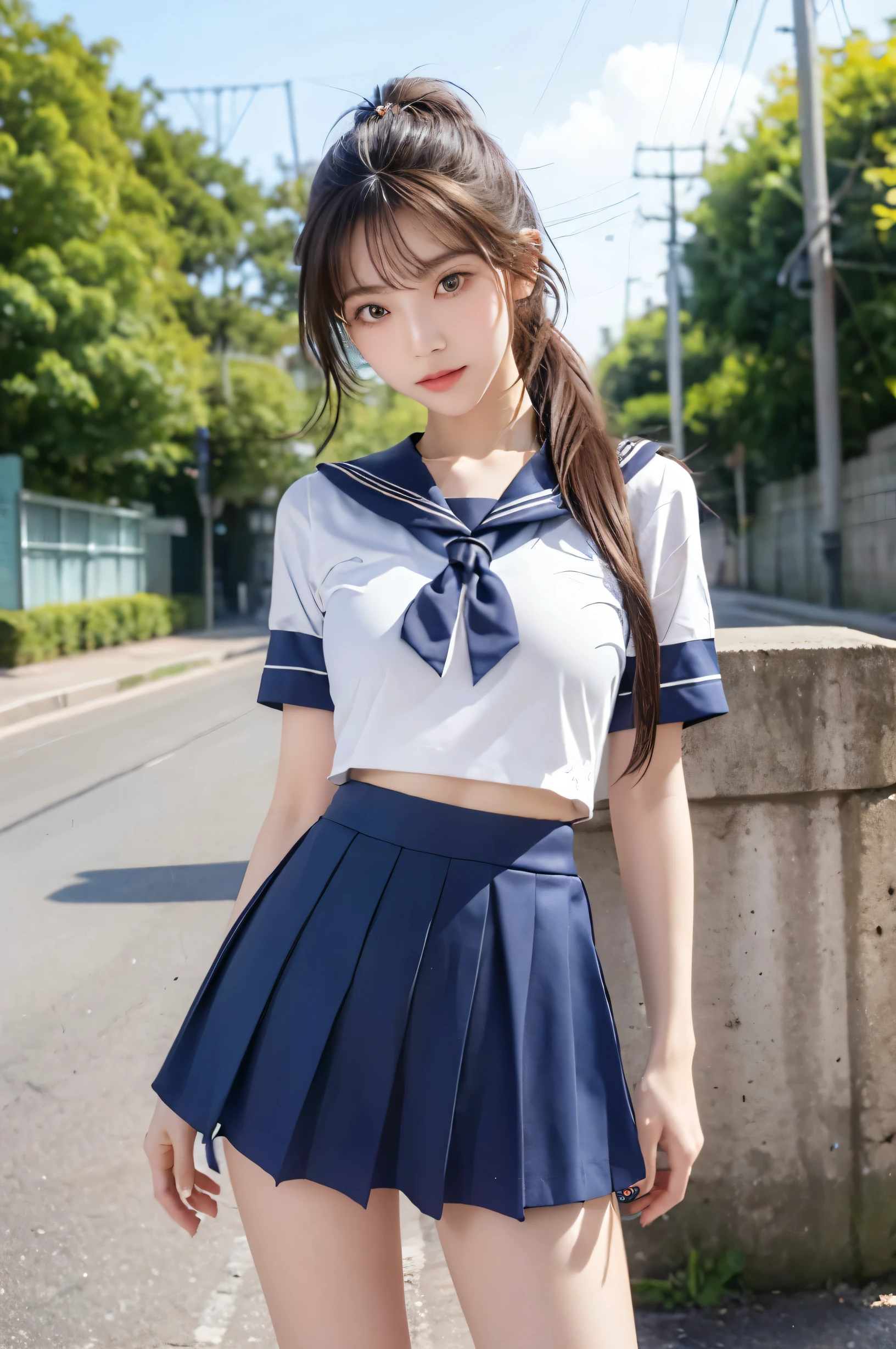 (Ultra HD), (Looking at me), (The whole body is shown), (Short-sleeved sailor uniform, Navy blue mini skirt), Big Breasts, slender, Narrow waist, (I can see my belly button:0.8), (Thin legs:1.2), (Thin thighs:1.2), (Thin Hips:1.4), (Beautiful Skin, Shiny skin, White skin), (Super slim face, Super beautiful face, No makeup, smile:0.8), (ponytail, Layered Cut, Fluffy hair), (double eyelid, Slanted Eyes), Small Nose, Thin lips, Are standing, In front of the school gate