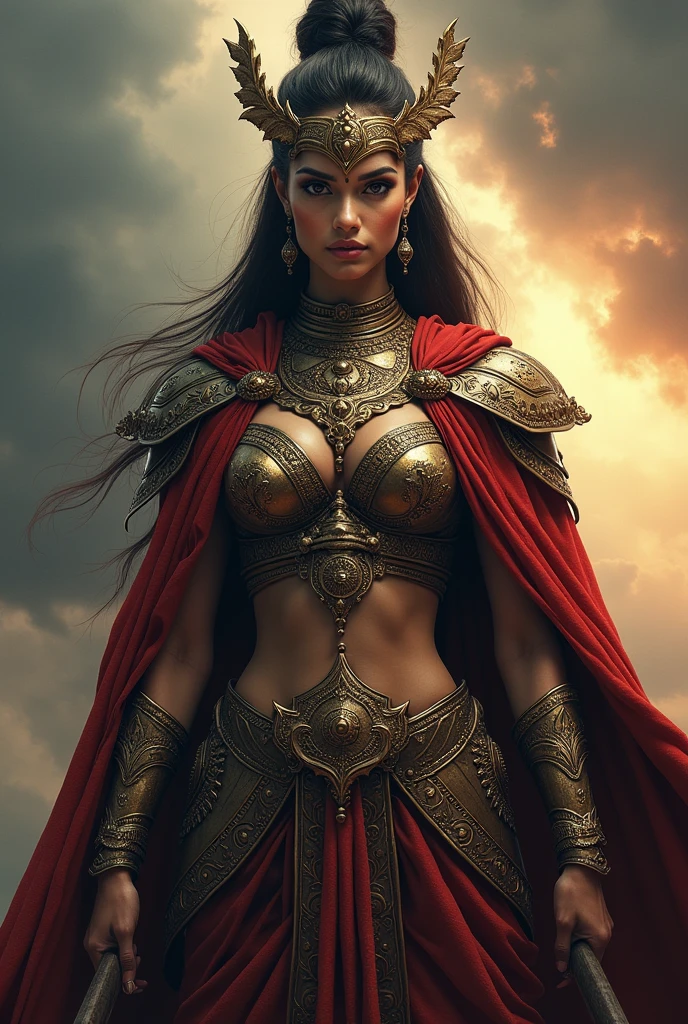 (Tamil girl as the warrior Goddess, majestic cloak, chest armor, beautiful detailed eyes, eyes symmetry, face symmetry, extremely detailed skin texture, fierce expression, strong posture, holding a battle axe, dramatic lighting, stormy sky, warrior queen demeanor, determined, strong colors, high contrast, HDR, hyper realistic