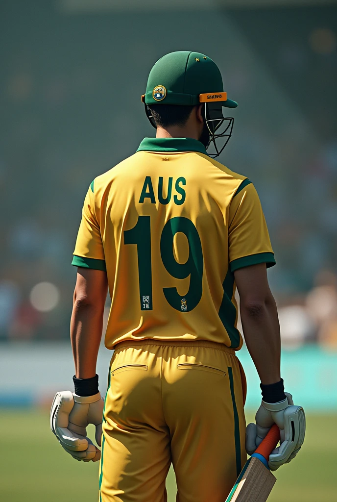 Give me a jersey number of 19，Cricket player with AUS written on his jersey, View from behind, A hand holding a cricket bat drop shadow, anaglyph, stereogram, tachi-e, ass pov, atmospheric perspective, 8k, super detail, best quality