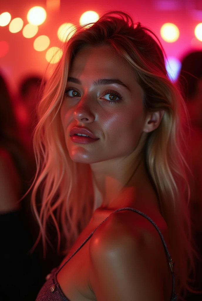 create an influencer,blonde hair,Scandinavian,light eyes,light brown skin,spotty,girl next door,Natural photo, spontaneous photo,55 mm linse, Permissive,at home, Background also sharp,smiling, further away from the camera ,natural posture, at a party in the disco