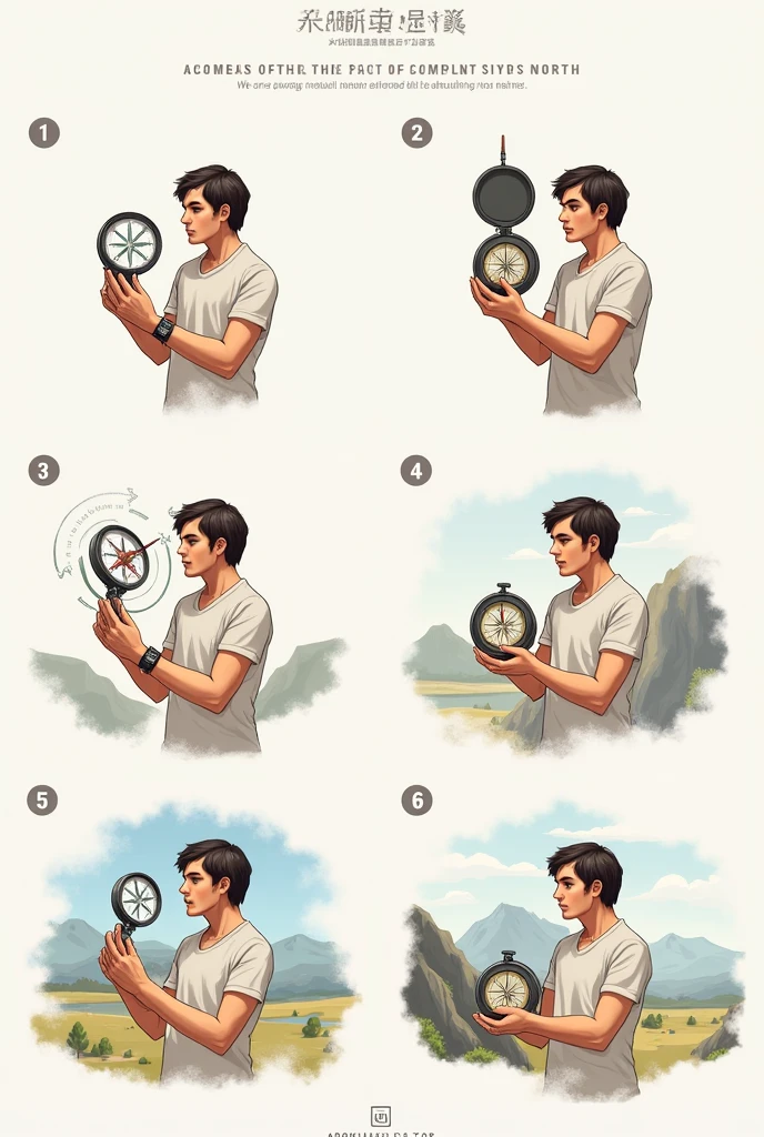 Step by step illustration of a person holding a compass, rotate until the needle points to north.


