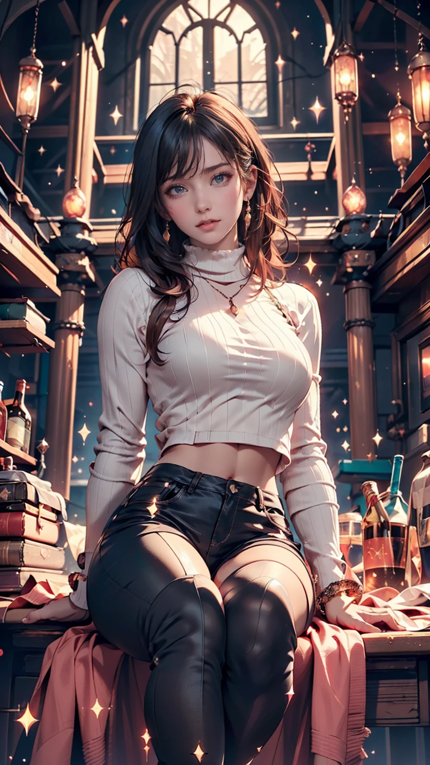 Mysterious atmosphere, Atmospheric, Ethereal quality,Realistic,beautifully、aesthetic,, alone,between legs,Pink turtleneck, Brown pants,(Browsing Caution:0.85),, democracy,, Power plant,, (Sparkling atmosphere, Enchanting Sparkle, Bright lighting, Ethereal atmosphere, Enchanting Sparkle, Exciting colors, Captivating colors, Dramatic lighting, Captivating aura),