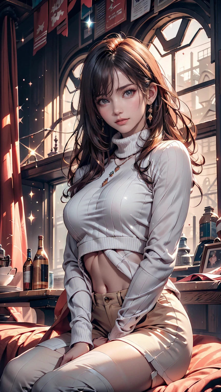 Mysterious atmosphere, Atmospheric, Ethereal quality,Realistic,beautifully、aesthetic,, alone,between legs,Pink turtleneck, Brown pants,(Browsing Caution:0.85),, democracy,, Power plant,, (Sparkling atmosphere, Enchanting Sparkle, Bright lighting, Ethereal atmosphere, Enchanting Sparkle, Exciting colors, Captivating colors, Dramatic lighting, Captivating aura),