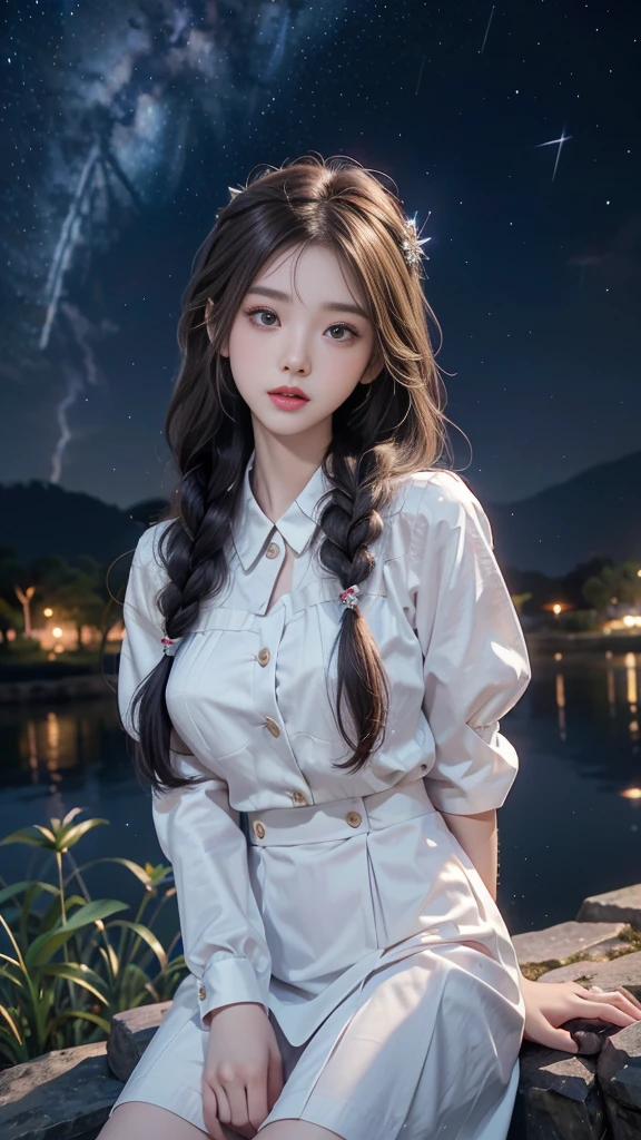 ulzzang-6500-v1.1, (RAW photo: 1.2), (Real photo), (Real photo: 1.4), 1 girl、Perfect anatomy、19 years old、Looking at the camera、Medium length hair、side braids, uniform white dress, in a surreal royal garden, under the starry night sky, ((starry night: 1.1))、(Business service)、Asian eyes Ella,