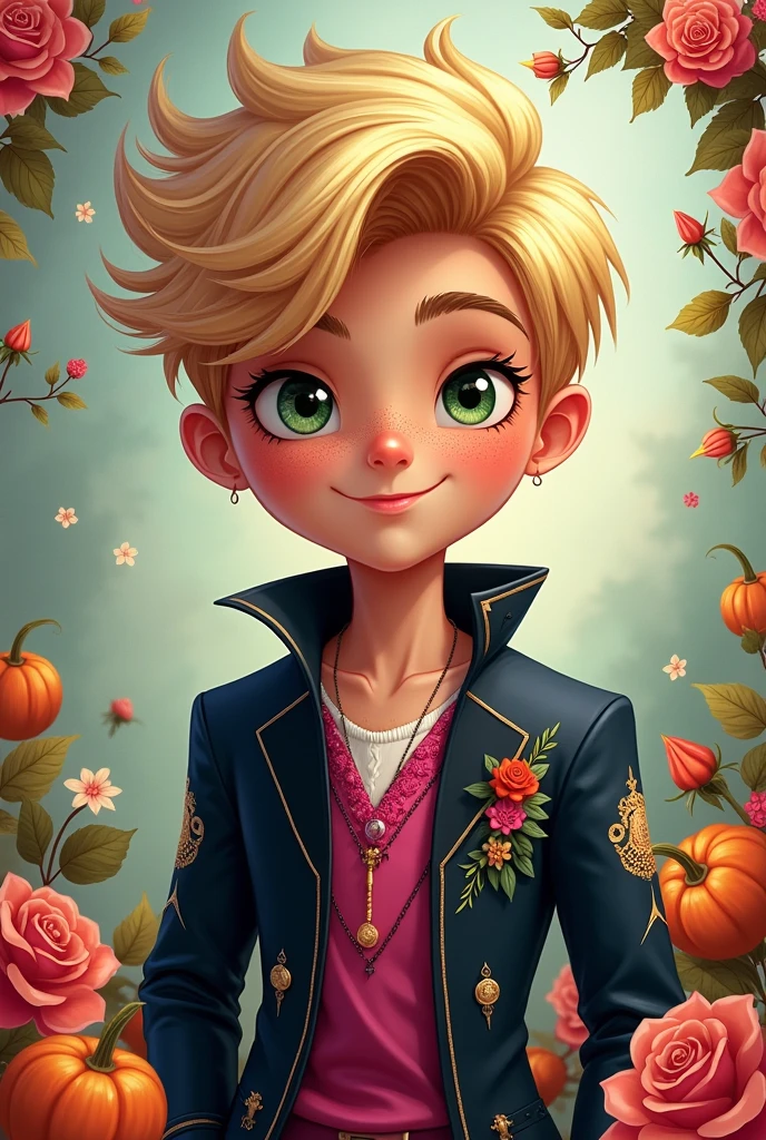 Imagem do filho da Briar Beauty e da Ashlynn Ella de Ever After High: LnF , is a boy with golden hair, greeneyes, light brown skin with freckles, light navy blue outfit with pink and black, elements of roses and pumpkins on the clothes and background