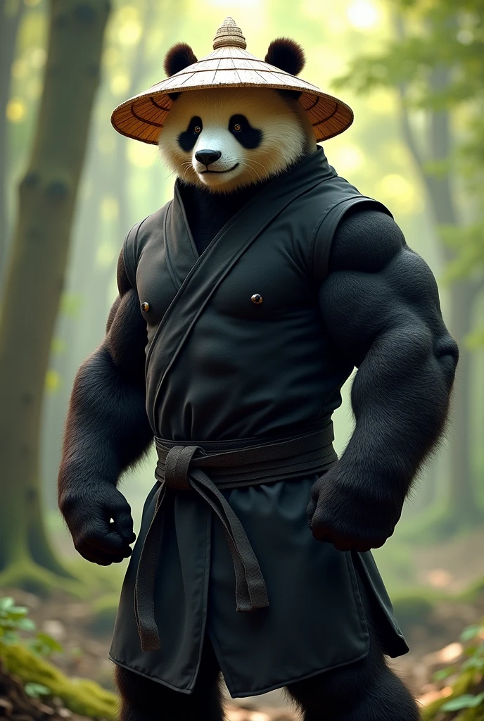 Muscle panda with a ninja suit and straw hat
