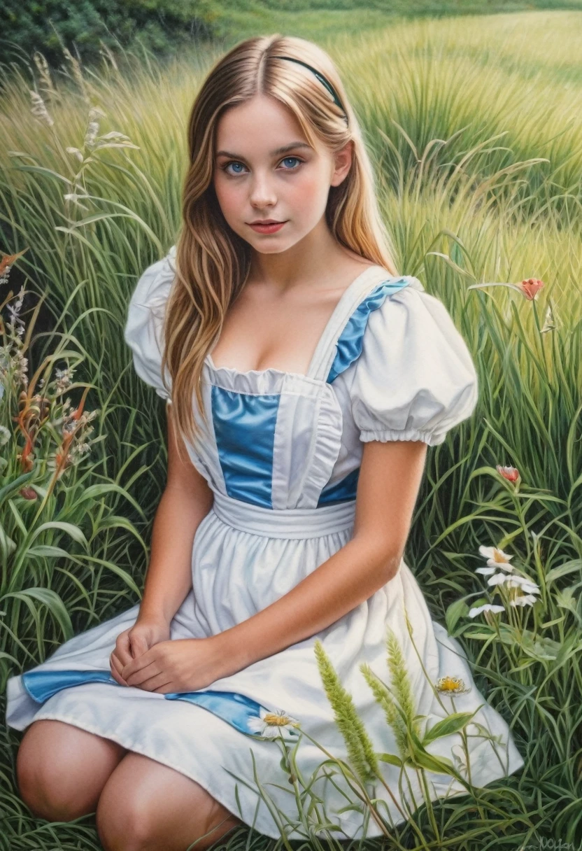 detailed colored pencil drawing, very beautiful 1girl, (Alice in wonderland), innocent, topless, white apron, sitting on grasses