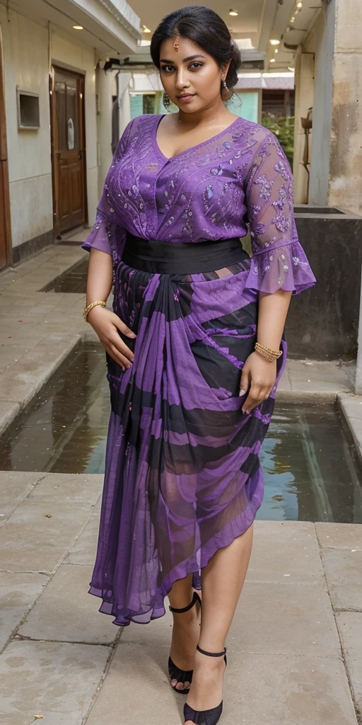 Day scene, A radiant, full-figured South Indian 35 year old aunty a purple colour chiffon mini skirt and black chiffon shirt, standing, in a garden captured in a full-body image with vibrant hues and meticulous details. Full body image