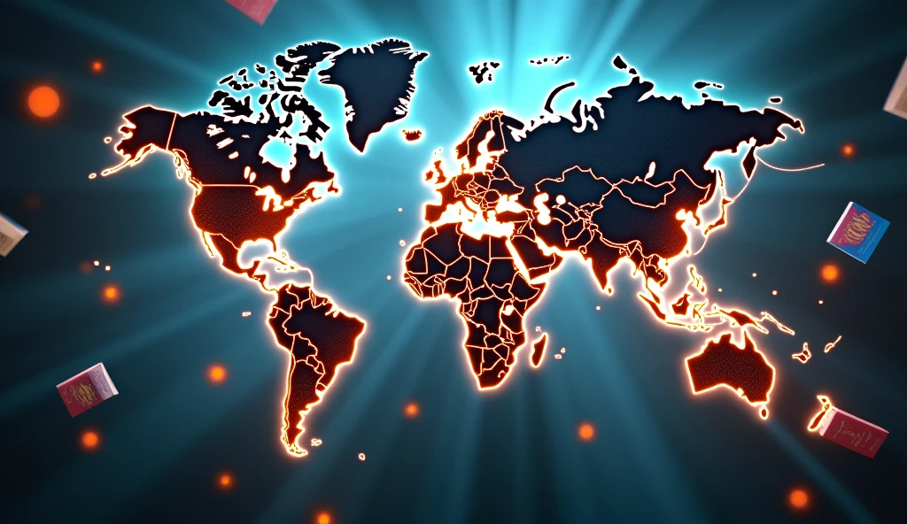 A global map with beams of light radiating from the UK to various parts of the world, representing the spread of the Harry Potter series, with floating book covers of the series.