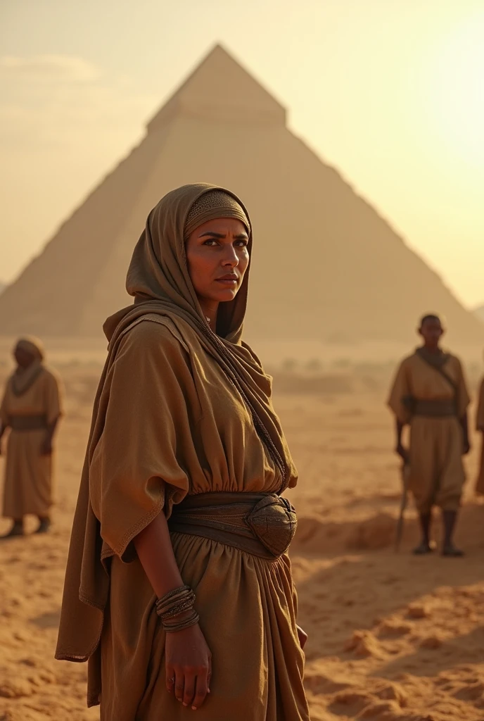 woman, 55 years old, outfit Egypt 2550 BC, background, construction of the pyramids, unfinished pyramids, sun, desert, period photo