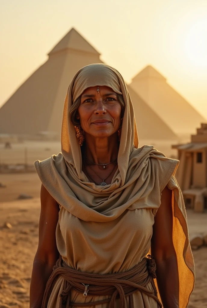 woman, 55 years old, outfit Egypt 2550 BC, background, construction of the pyramids, unfinished pyramids, sun, desert, period photo
