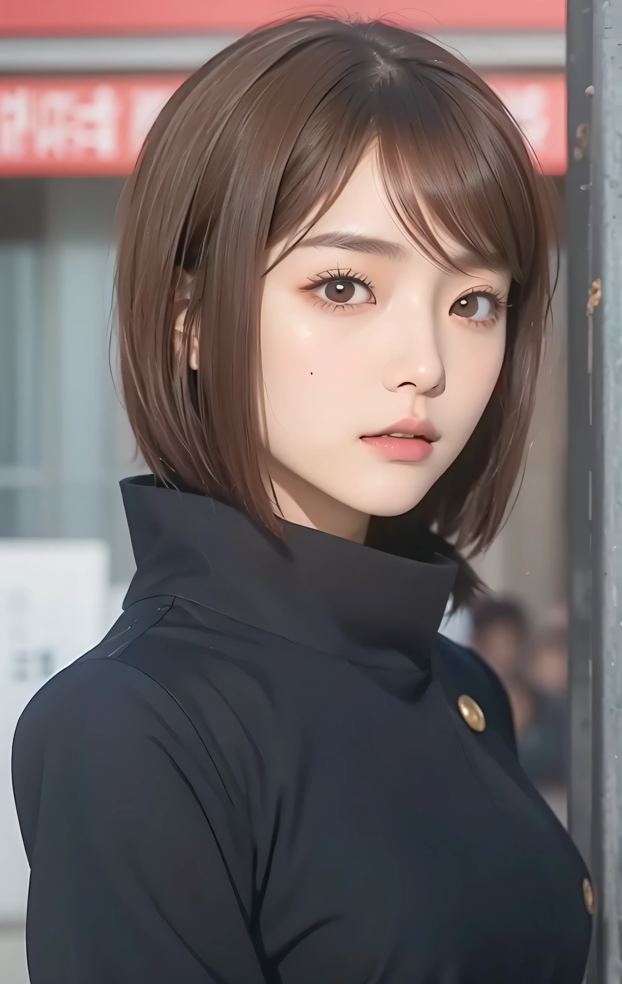 Masterpiece, Extremely Realistic, UHD, 8K, Extremely Detailed, depth of field, Detailed face, best photography, Jujutsu Kaishen, Shoko Ieiri Jujutsu Kaisen, girl cosplay, High quality image, detailed hair texture, detailed skin texture, detailed cloth texture, add fabric details, ultra detailed skin texture, ultra detailed photo, skin pores, cloth details, high skin details, realistic hair details, realistic light, realistic shadow,(photorealistic:1.2),Real life adaption of this character, ((Korean  beautiful face)), cigarette on lips, cigarette, gold butten