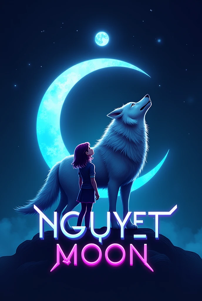 this is a game logo that includes the name" Nguyet moon " in a futuristic font and the color Blue, Girl and Wolf Under the Crescent Moon