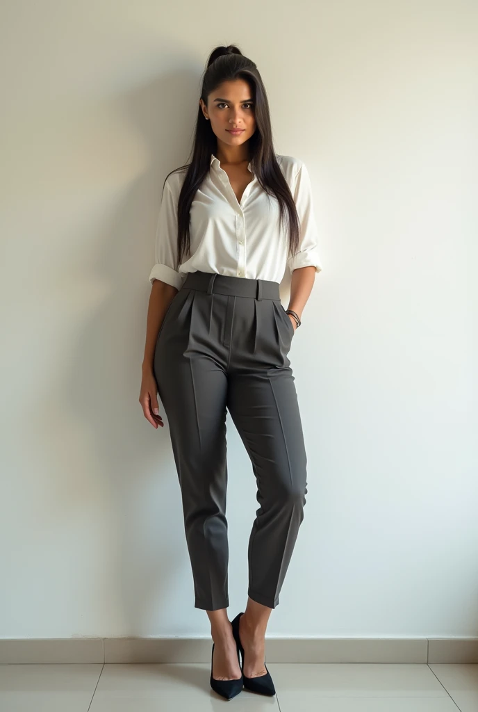 (photorealism:1.2), beautiful indian north indian married woman, 35yo, big boobs, standing against white wall at home with floor tiles, wearing semi-professional office shirt top with 3 buttons open and matching tights, high stilletos, long straight hair ponytail, indoors, soft lighting, nothing in background
