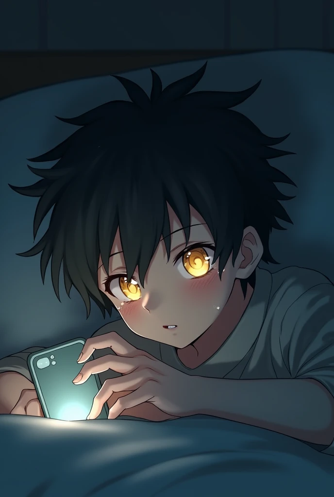 ANIME BOY LYING DOWN LOOKING AT HER PHONE WHILE CRYING Golden Eyes, ,Black Hair, Inner Color, Spiky Hair, 