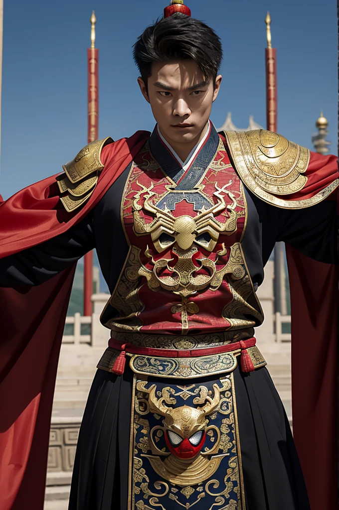 "Create an image of a heroic Spider-Man from the Ming Dynasty in ancient China. He wears a Spider-Man suit inspired by Ming Dynasty design, featuring intricate Chinese patterns and traditional armor elements. The suit is a blend of deep red and gold colors, with flowing silk and armor plating that reflects the era's elegance. He carries a beautifully crafted Chinese sword with a decorated hilt, slung across his back. The mask only covers the top part of his head and eyes, leaving the mouth exposed, seamlessly blending with the Ming Dynasty aesthetic. He stands in a powerful, heroic pose, with the majestic architecture of ancient China in the background, evoking a sense of honor and tradition."