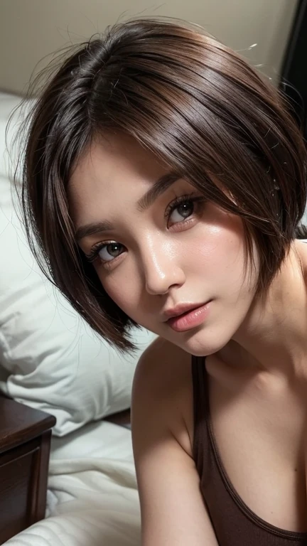 (((Face close-up)))、(((Brown, shoulder-length, straight short bob)))、(((She is lying in bed and watching us.)))、((((Lightweight tank top)))、Half Japanese and half Korean、28-year-old woman、I'm looking forward to、Light eye makeup、Brown Hair Color、Hair blowing in the wind、quality、Shiny超リアルな顔、Shiny、Lure、Sweaty,Watery eye、Look up、Subtle lighting effects、Ultra-Realistic Capture、Very detailed、High resolution 16K human skin closeup。Skin texture must be natural、The detail must be such that the pores are clearly visible..、skin is healthy、Even Tone、Use natural light and colour、モデルエージェンシーの社内で撮影された使い古された高qualityの写真写真家、smile、(((Sigma 300mm F/1.4、1/1000 sec shutter、ISO400)))