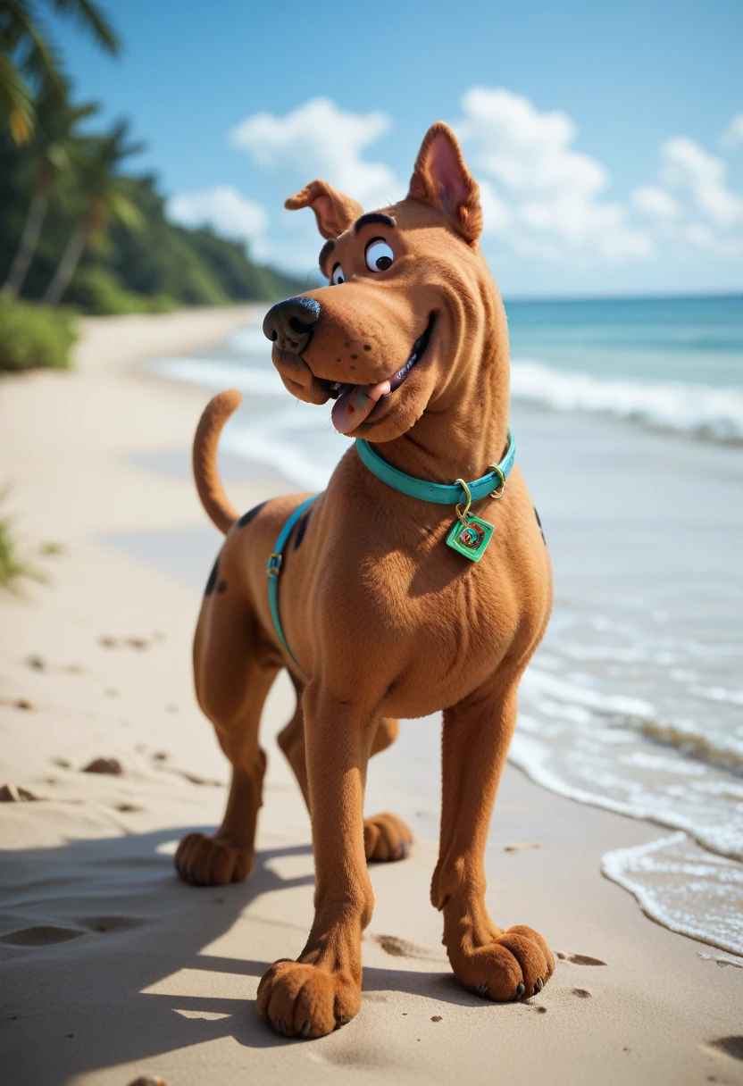 (Scooby Doo, four footed realistic dog with dog penis) standing on a deserted beach