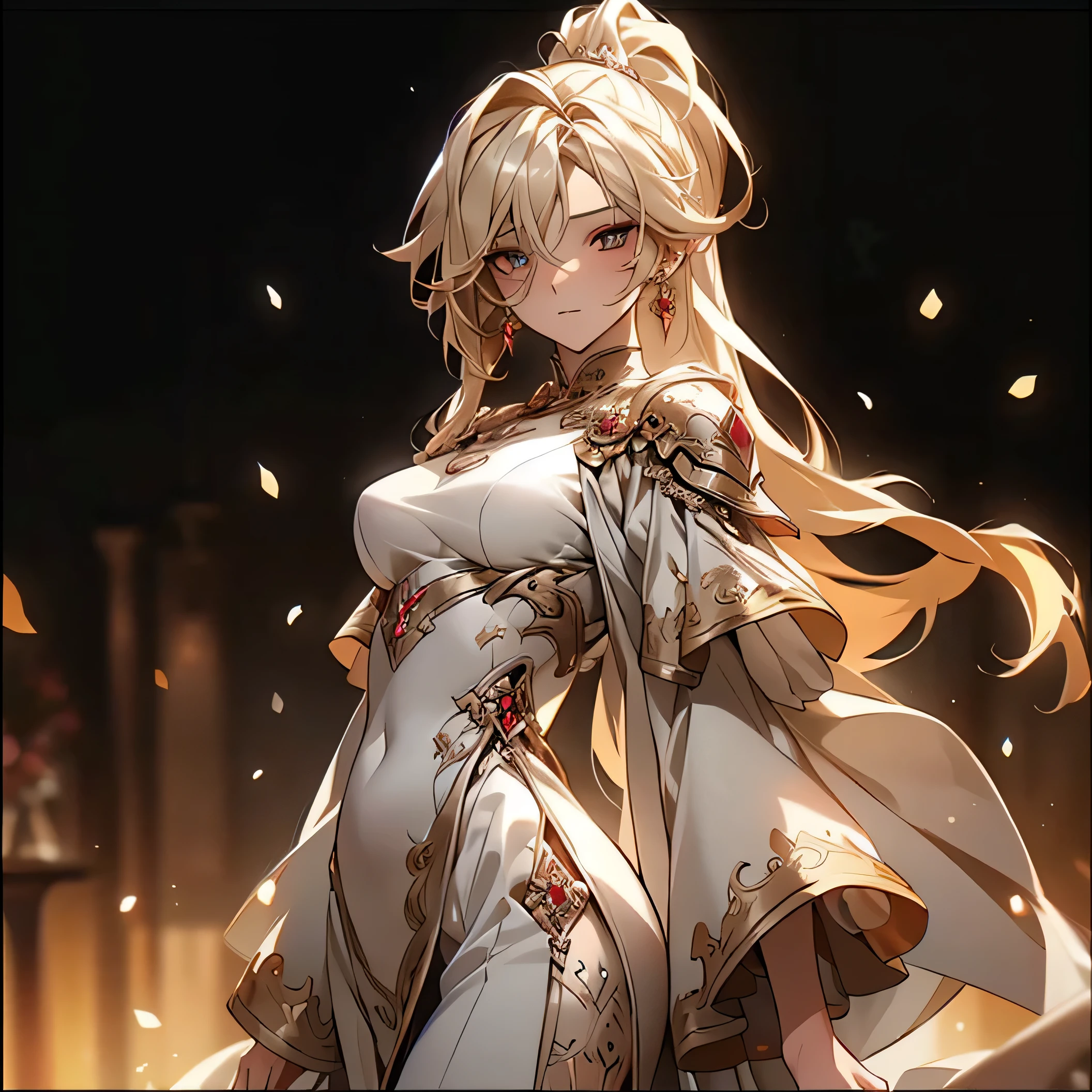 (best quality)), ((Masterpiece)), (details:1.4), 3d, HDR (high dynamic range), mature woman, Blonde hair, High Ponytail, SLEEK Style, Red eyes, hips up, จมูกโด่ง, ปากแดง, หน้าอกใหญ่, nvidia RTX, PBR surface, After processing, Anisotropic filtration,depth of field, Maximum clarity and clarity, multi-layered surface, Subsurface scattering, perfect proportions, 8K raw files, ultra detailed, Perfect proportions, volumetric lighting, soft lighting, Holy Paladin, Heavy ฺสฟแา Armor, intricate silver embroidery, glossy skin, gorgeous, intricate grey background, strong back lighting, jewely, ต่างหู , นิ้วมือสมบูรณ์, กระโปรงสั้น