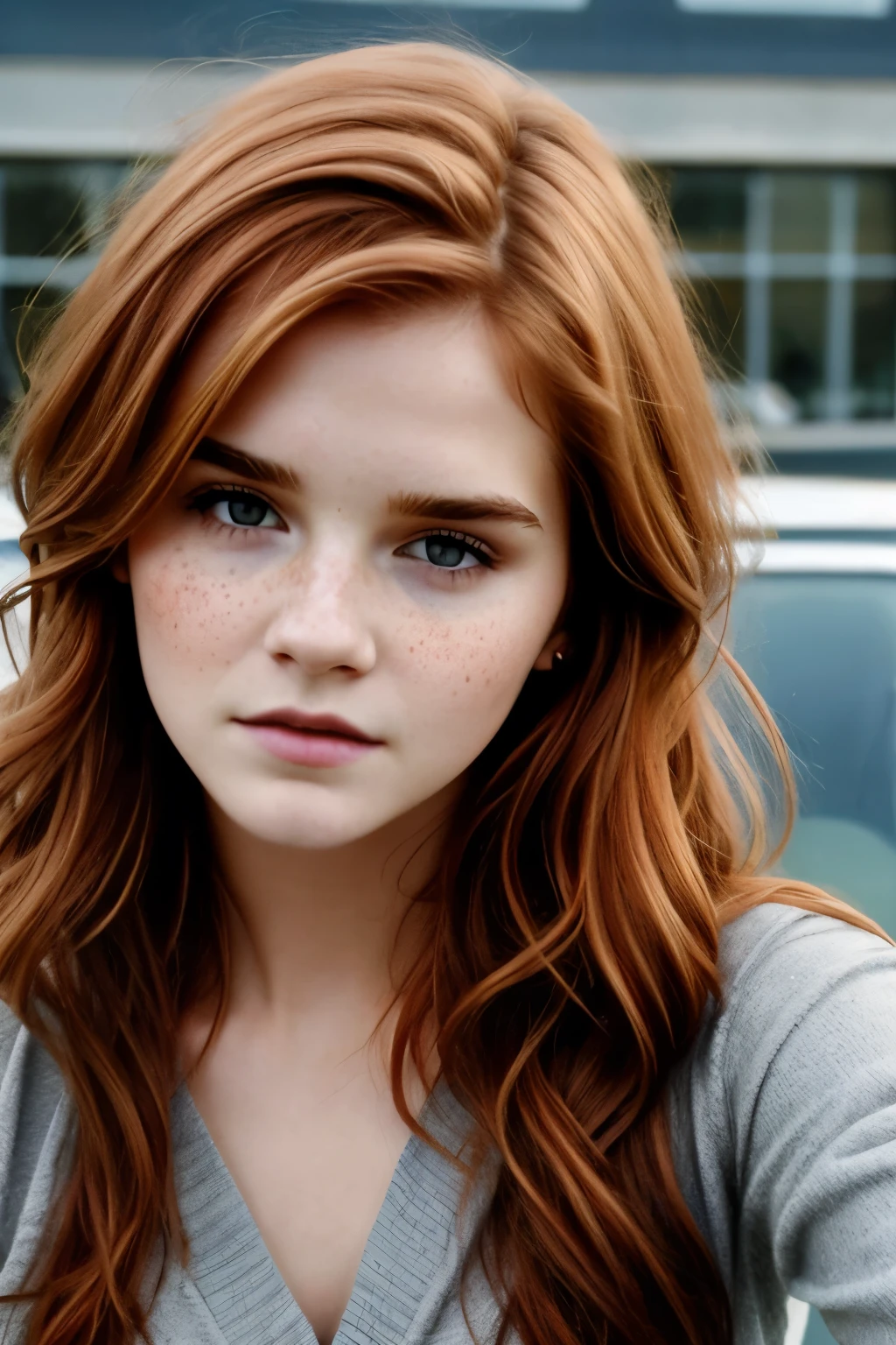 (((by Stefanie Scott:0.8))) ((( face de Emma Watson:0.9))), Selfie, 1 girl in, 19yearsold, standing alone, aesthetic art, irish redhead, wavy red hair, shoulder length red hair, (grey-eyed), light gray eyes, some small freckles, pale skin, A glass, breasts small, runner's body, Detailed texture skin, (extremely detailed 8k wallpaper), soft lighting, high qualiy, film grain, Sharp focus Fujifilm XT3, f5.6, 50mm, high détail, sharp focus,(naturallight), (wearing a pink sports well), sports well, (pink yoga pants), crazy details, complexdetails, hyper detailled
