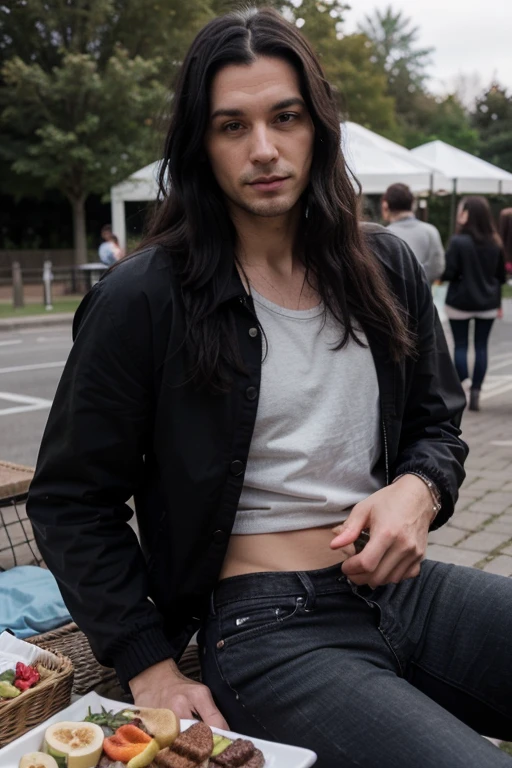 Handsome thin White man, 1.85 metres tall, 38 years old, goth long black hair, muscular lean body, deep gray eyes, wearing a black jacket, black shirt and black jeans, with shorter girlfriend 1.60 metres, both on a picnic,
