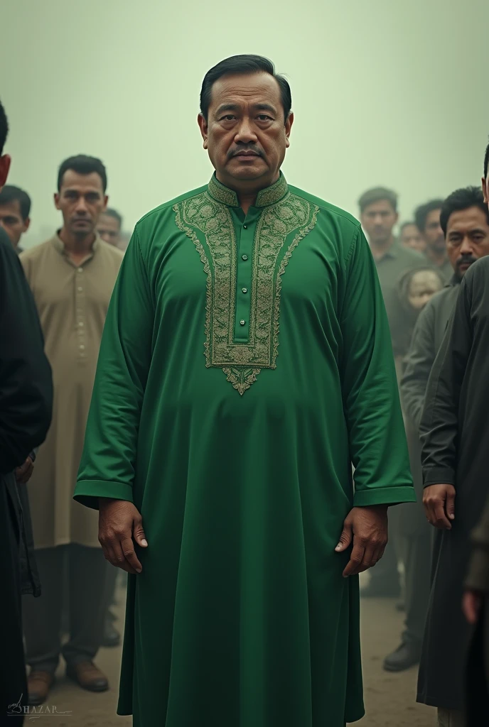 Chief Minister in green pakistani shalwar qameez standing alone bravely in front of criticizers