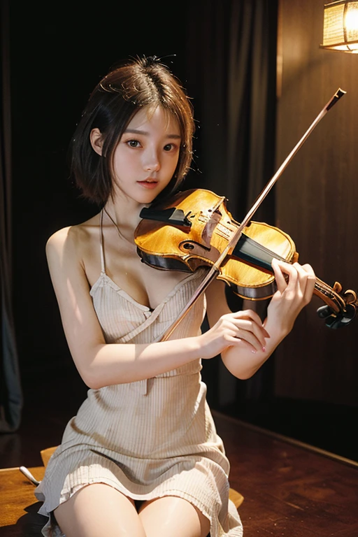 (20-year-old Japanese top idol), (Small breasts,:1.5,),(solo,Textured skin, High detail, Highest quality, Super detailed, Surrealism, realism,8k,RAW Photos,Professional Lighting,),(((Live house lighting,violinist,Playing the violin,Bob Hair,Full Body Shot,dress)))
