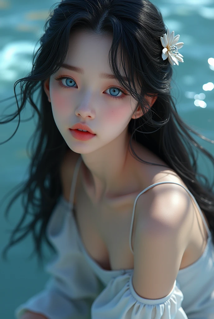 (8 K, RAW photo, Best quality, masterpiece:1.2),(realistic, photo-realistic:1.4), ultra detailed, extremely detailed cg 8 K wallpaper,(CrystalsSkin texture:1.2), (Incredibly soft and beautiful),
1 girl,One,black hair, long hair, Blue eyes, closed mouth, hair ornament, bare shoulders, cut off sleeves, breast, White dress,leaning forward,