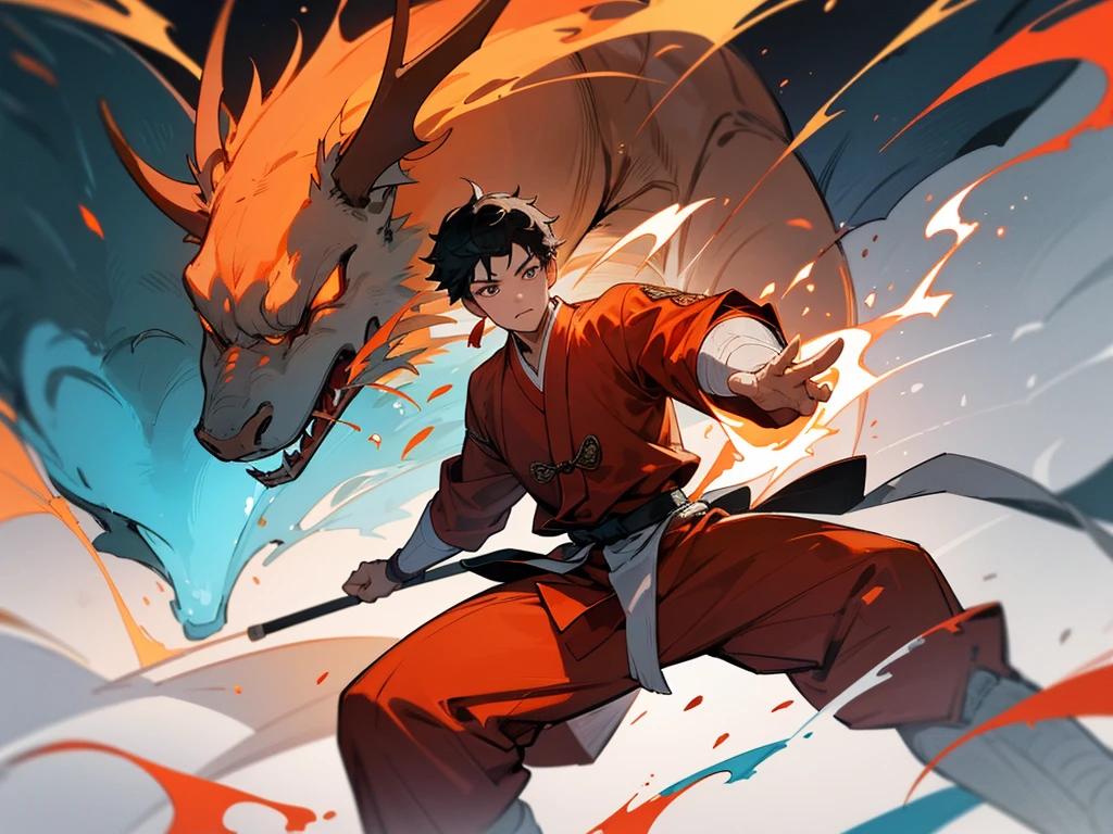 A highly detailed image of a young man wearing traditional Chinese martial arts attire, inspired by ancient wuxia (martial arts) heroes. He is in an action pose, unleashing a powerful energy strike with his hands directed forward. Behind him, a fierce fire dragon is flying towards the scene, its blazing form adding intensity to the moment. The composition should capture the essence of classic Chinese martial arts legends, with the young warrior and the fire dragon poised in a moment of synchronized power.