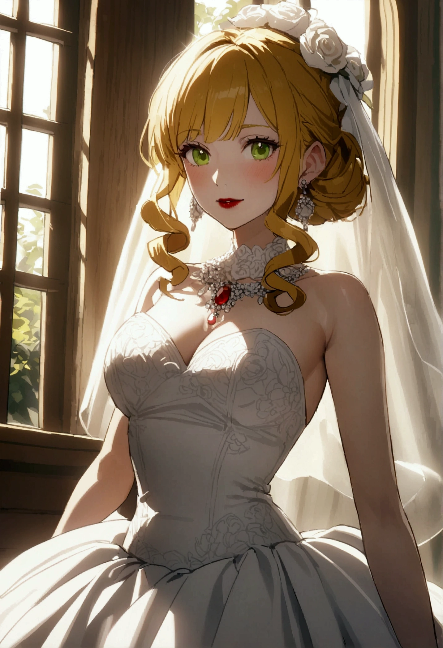 40 year old girl with curly dark yellow hair, yellow eyebrows, green eyes, dark red lipstick, red necklace, white earrings, wedding dress, likes wealth
