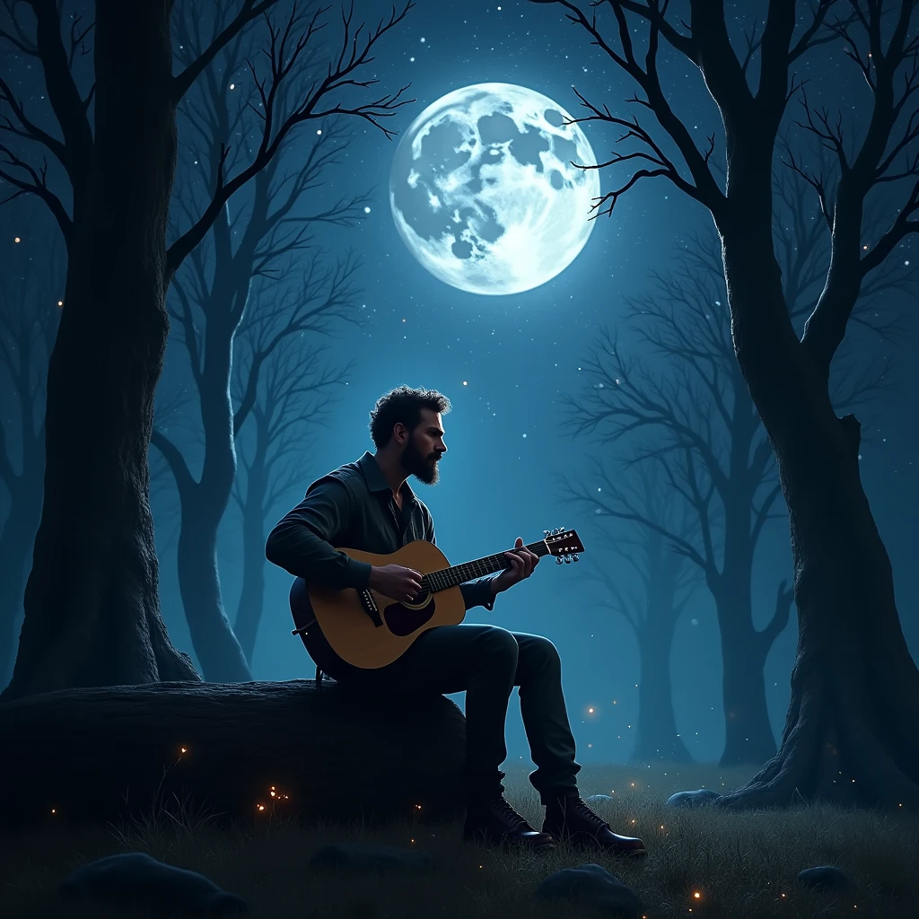 Dark night sky with bright moon and stars, under which a man sings with a guitar. Men with a dark theme. Bright sparkling effects for men, Trees & Sky.