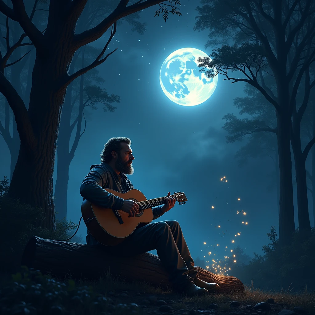 Dark night sky with bright moon and stars, under which a man sings with a guitar. Men with a dark theme. Bright sparkling effects for men, Trees & Sky.