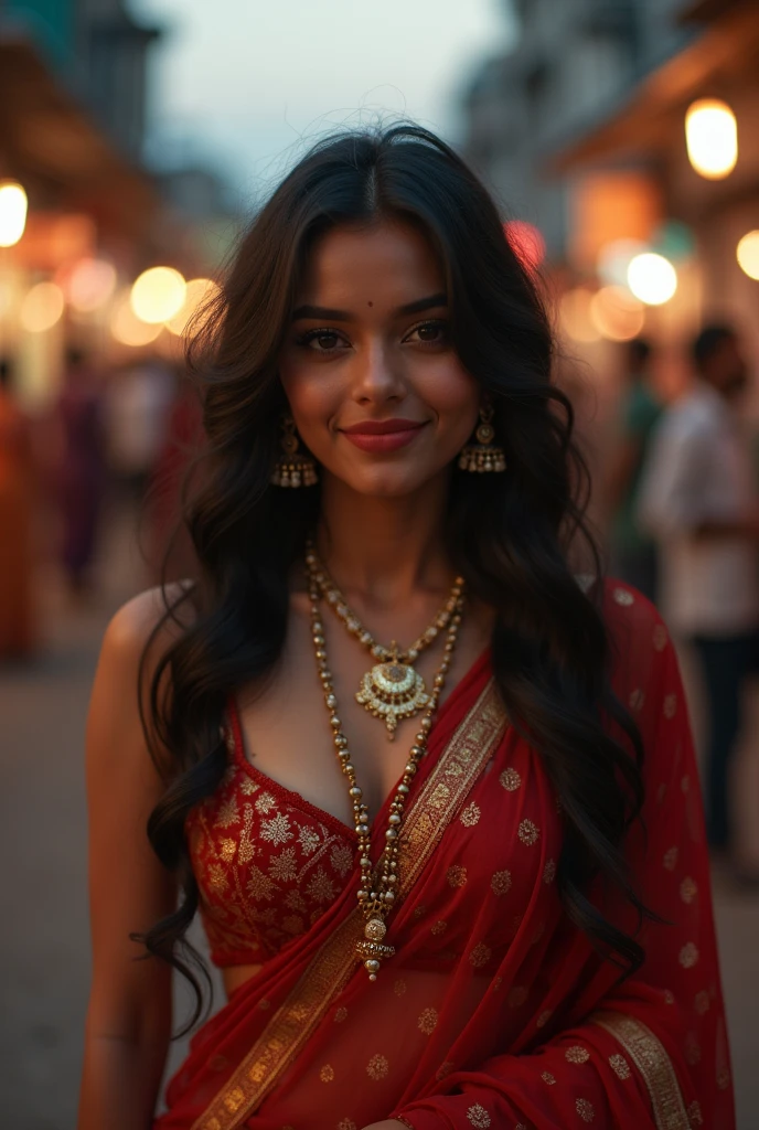 20 year old Tamil girl, inside crowded street, late evening sky, sexy photoshoot, intriguing lusty poses, (wearing expensive sleeveless choli, long skirt), (intricate detailing of face eyes nose mouth full lips & body parts), textured skin, smile:0.6, eyes symmetry, face symmetry, 256K, HDR, hyper realistic, intricate detailing, yotta-pixel image, yocto-pixel detailing