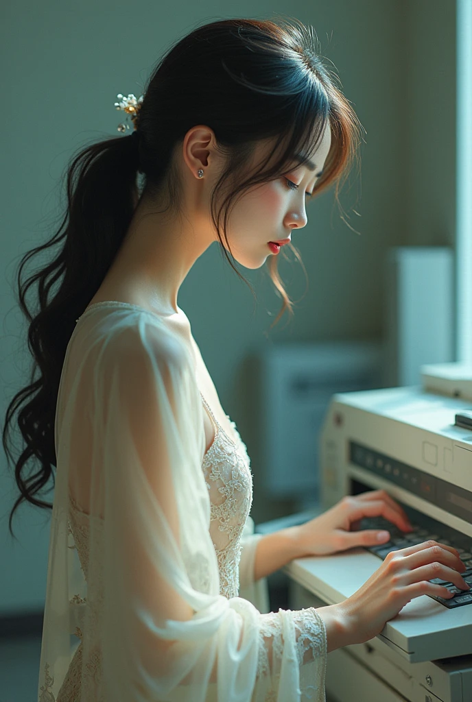 An Asian woman wearing a dress leans over a working photocopier as if making a copy of herself.