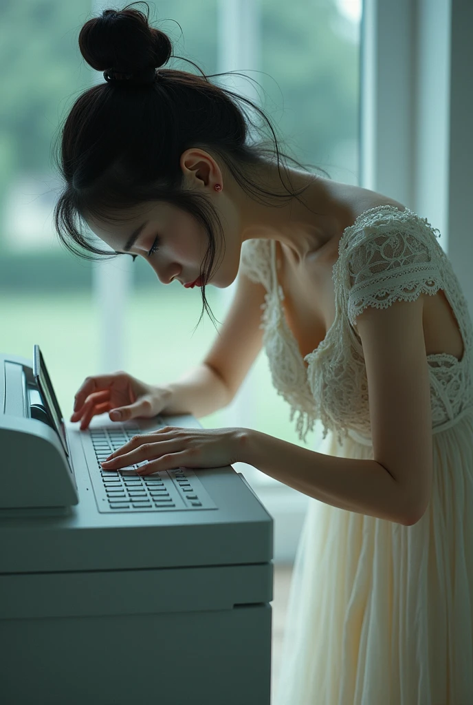 An Asian woman wearing a dress leans over a working photocopier as if making a copy of herself.