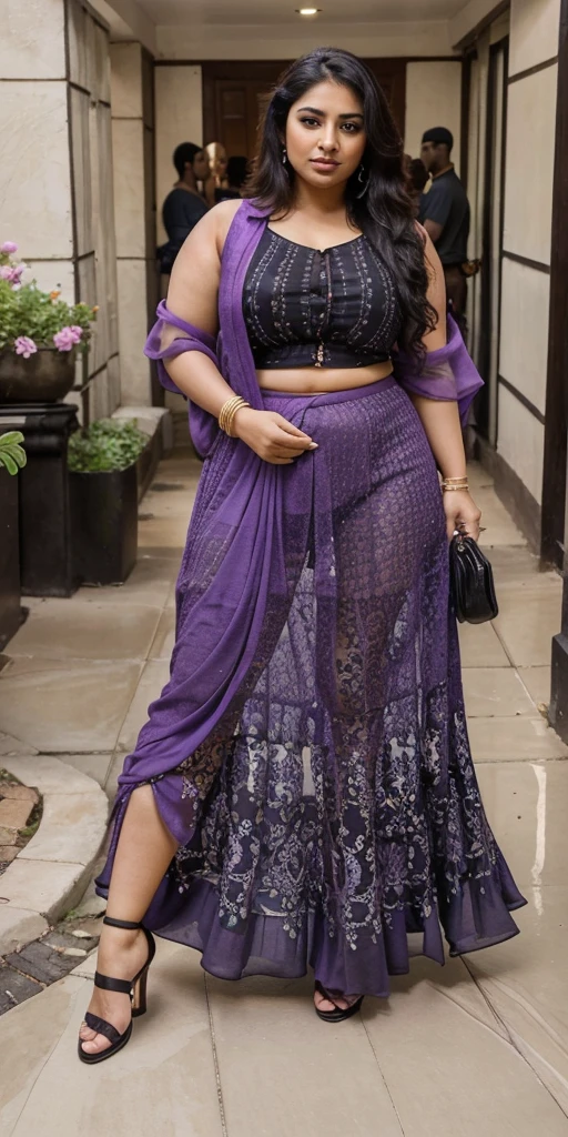 Day scene, A radiant, full-figured South Indian 35 year old aunty a purple colour chiffon mini skirt and black chiffon shirt, standing, in a garden captured in a full-body image with vibrant hues and meticulous details. Full body image