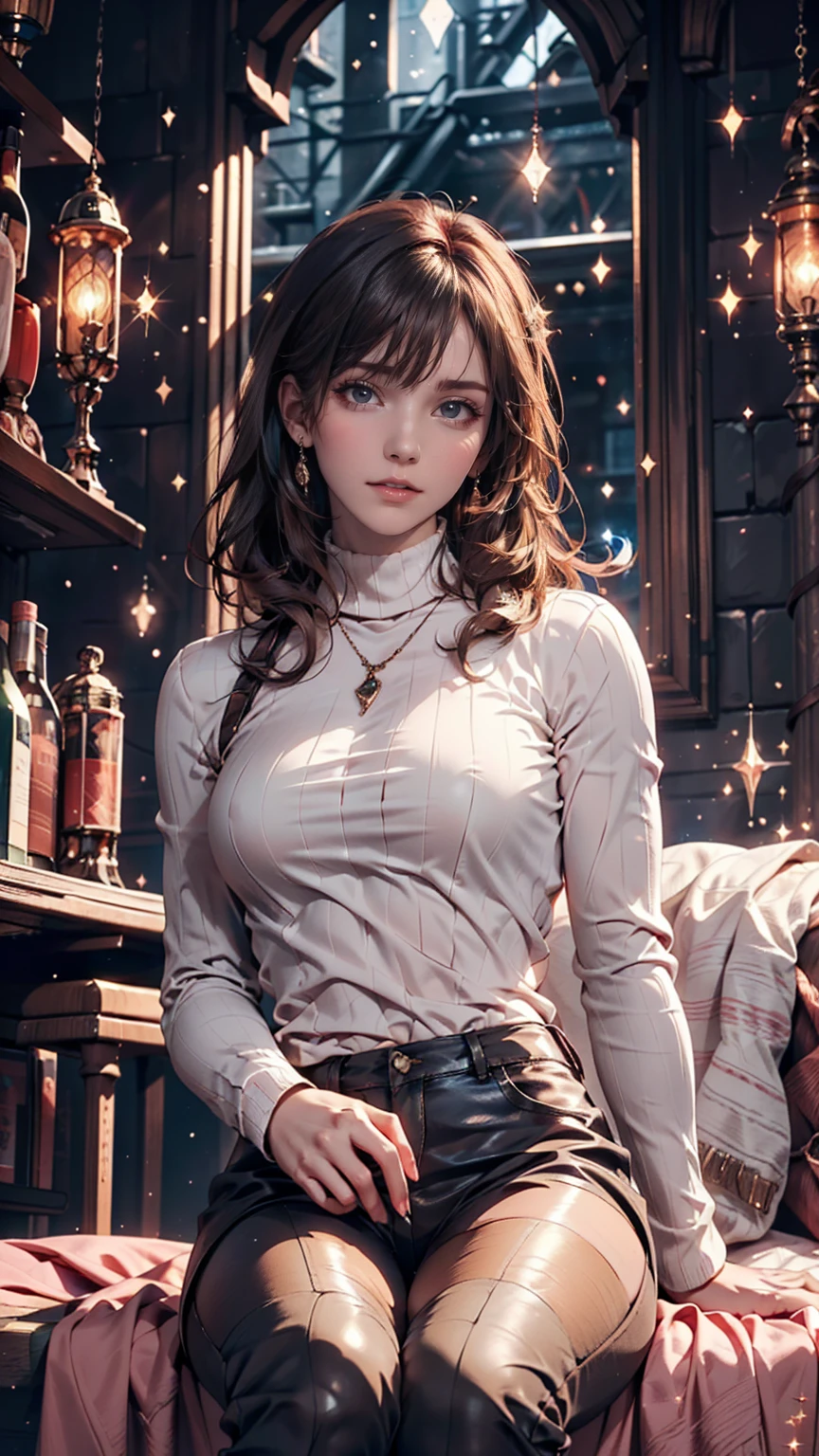Mysterious atmosphere, Atmospheric, Ethereal quality,Realistic,beautifully、aesthetic,, alone,between legs,Pink turtleneck, Brown pants,(Browsing Caution:0.85),, democracy,, Power plant,, (Sparkling atmosphere, Enchanting Sparkle, Bright lighting, Ethereal atmosphere, Enchanting Sparkle, Exciting colors, Captivating colors, Dramatic lighting, Captivating aura),